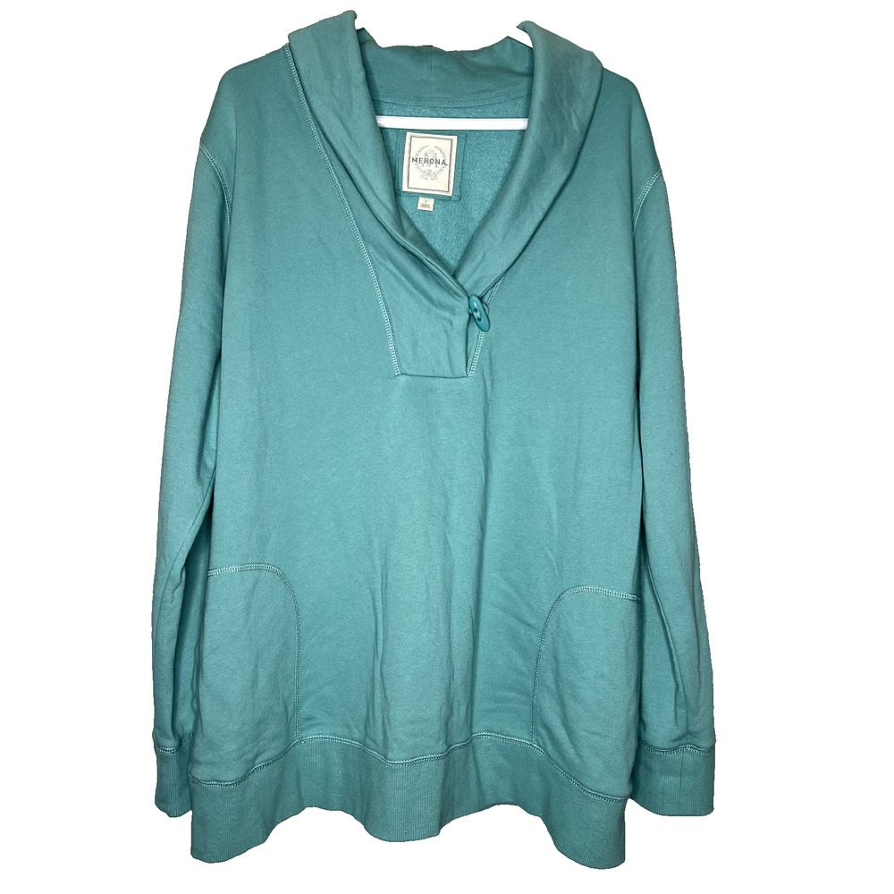 Merona Women's Sweatshirt Plus‎ 3 Pullover Teal Pockets Toggle Loungewear Collar